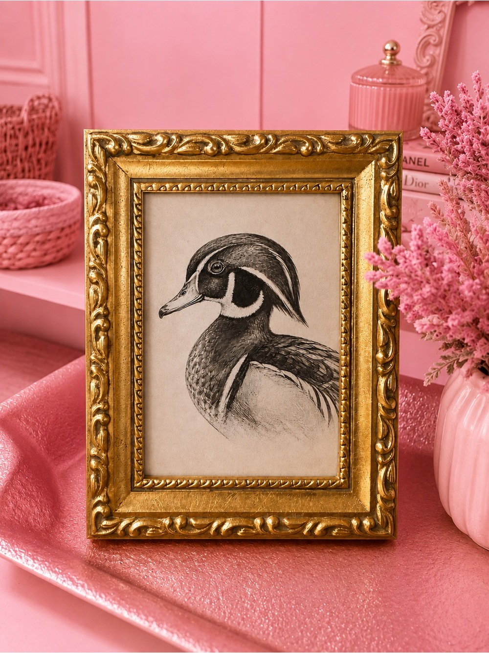 Ornate Gold Picture Frame with Classic Duck Sketch - Home Accents